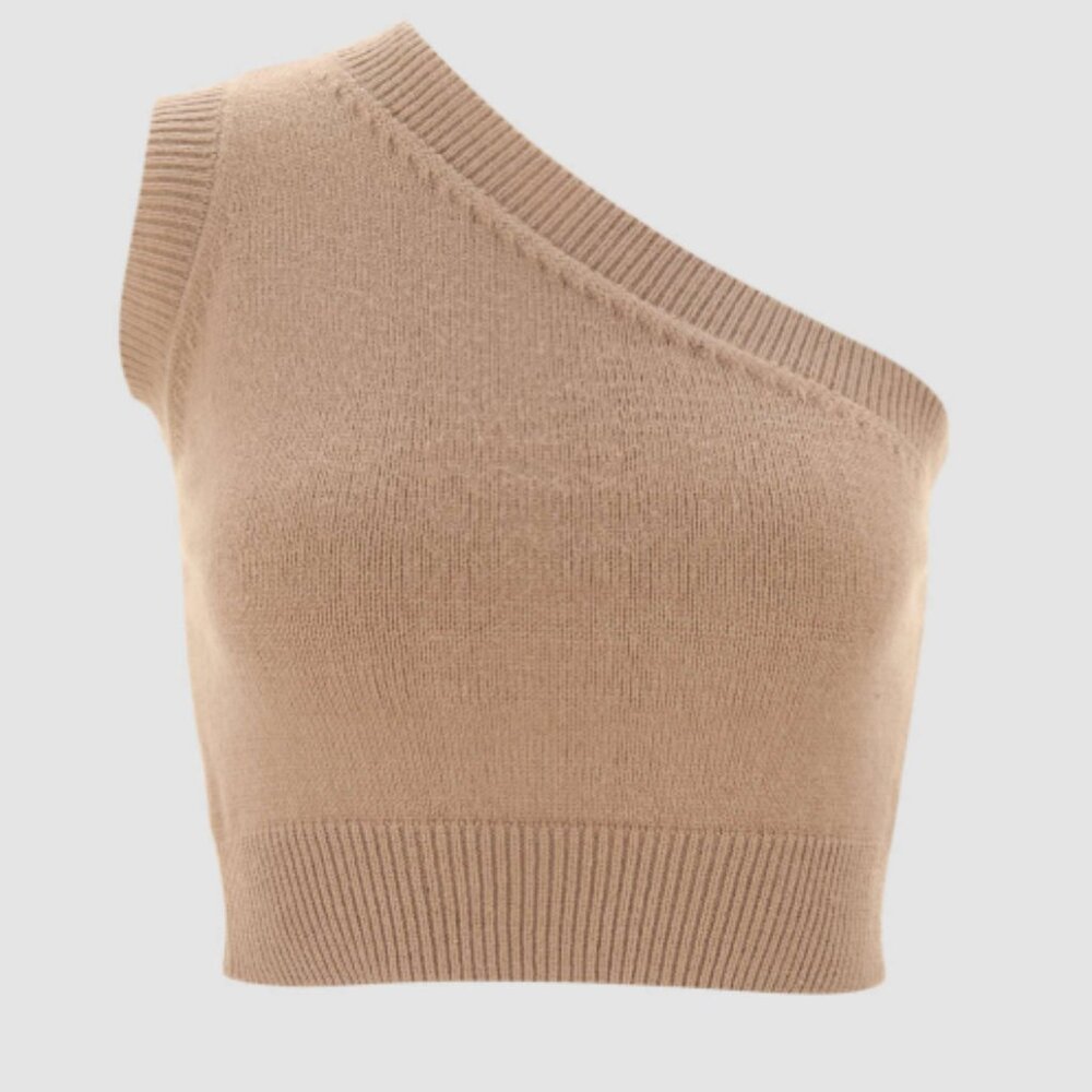 One-Shoulder Tan/Beige Cropped Sweater Top - Picture 1 of 4